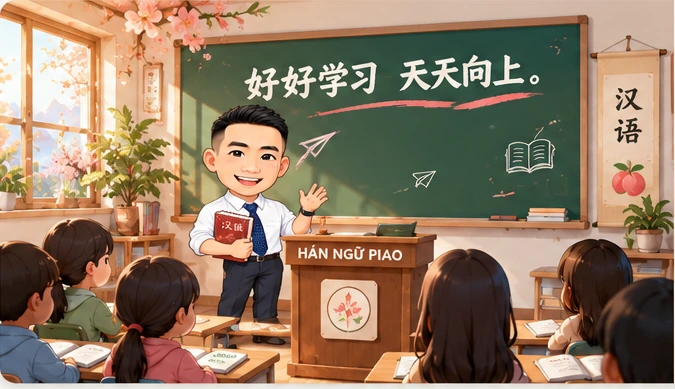 Lớp học Hán Ngữ PIAO: chibi Thầy Đào đứng bục giảng, học viên và khẩu hiệu 好好学习，天天向上。